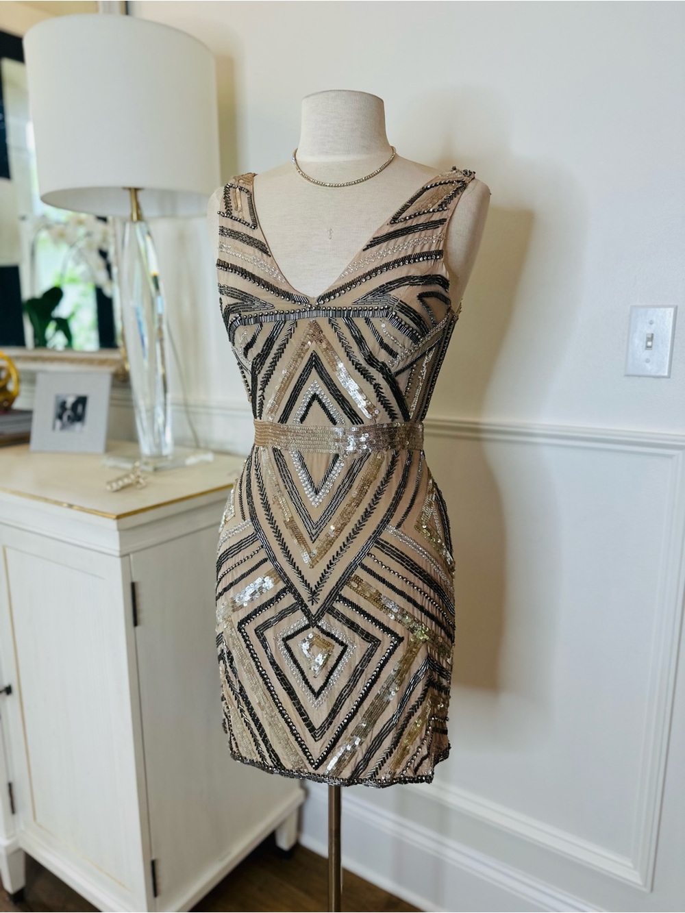 Nicole Miller Runway Nude and Black Beaded V-Neck Mini Dress